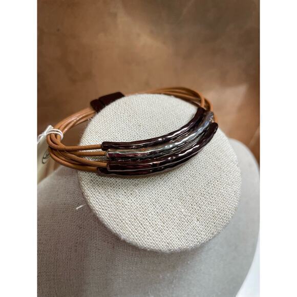 NWT 5 Layered Leather Cable String Bracelet Bronze & Silver Metal Magnetic Clasp - Picture 2 of 6